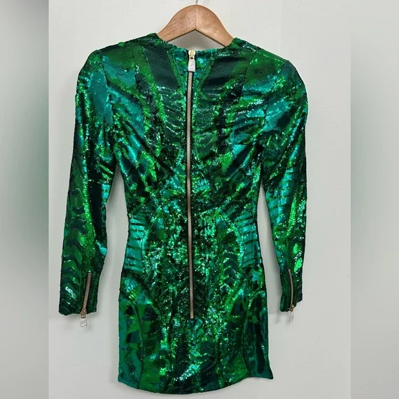 BALMAIN x H&M Emerald Sequin Long Sleeve Plunge Dress - Picture 4 of 6